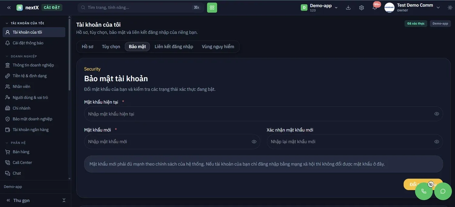 Nhập mật khẩu hiện tại, mật khẩu mới, xác nhận lại rồi nhấn Đổi mật khẩu
