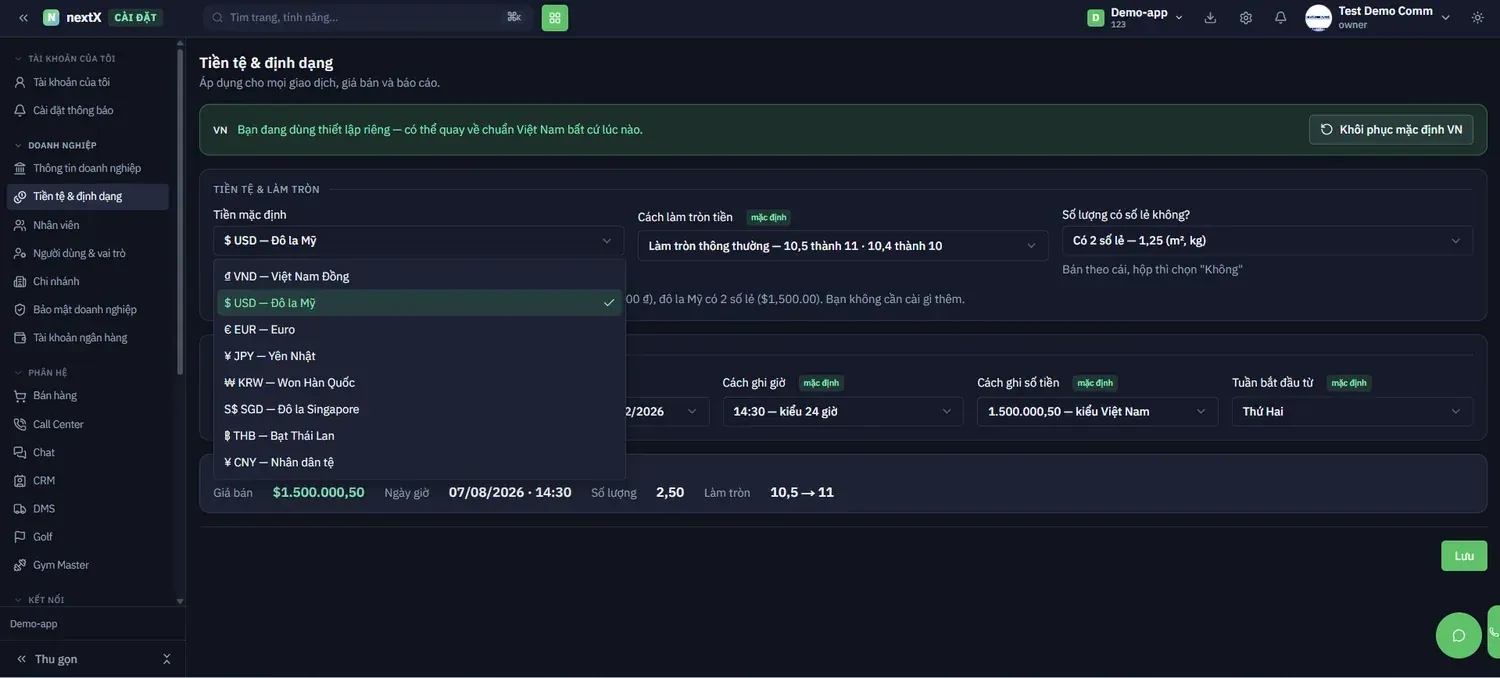 Danh sách hỗ trợ VND, USD, EUR, JPY, KRW, SGD, THB, CNY — khối ví dụ đổi ngay sang $1.500.000,50