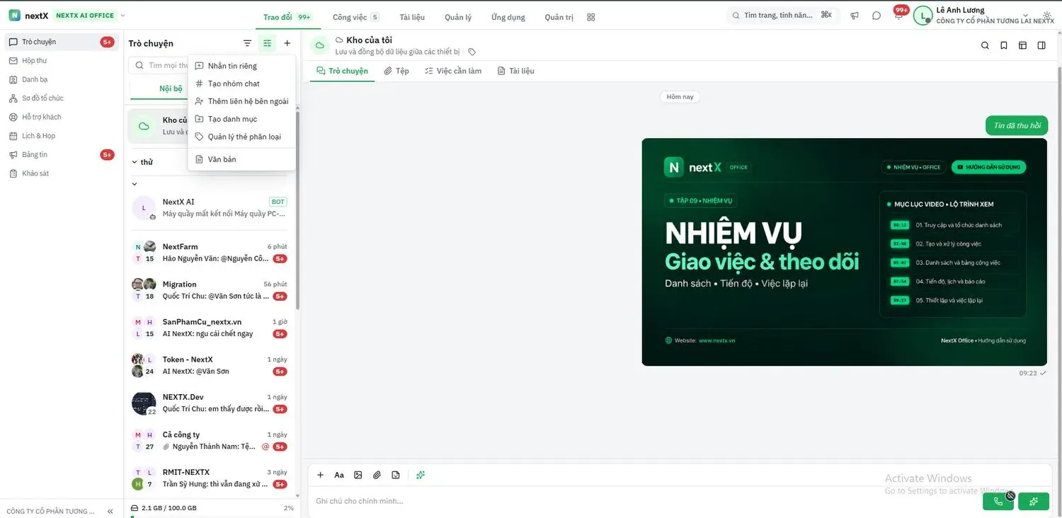 Menu + đầu cột hội thoại.
